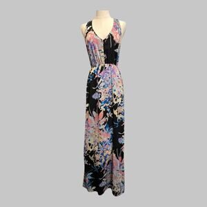 Yumi Kim Black Floral Maxi Dress Racerback Back Cut Out Fairy Cottagecore Size M